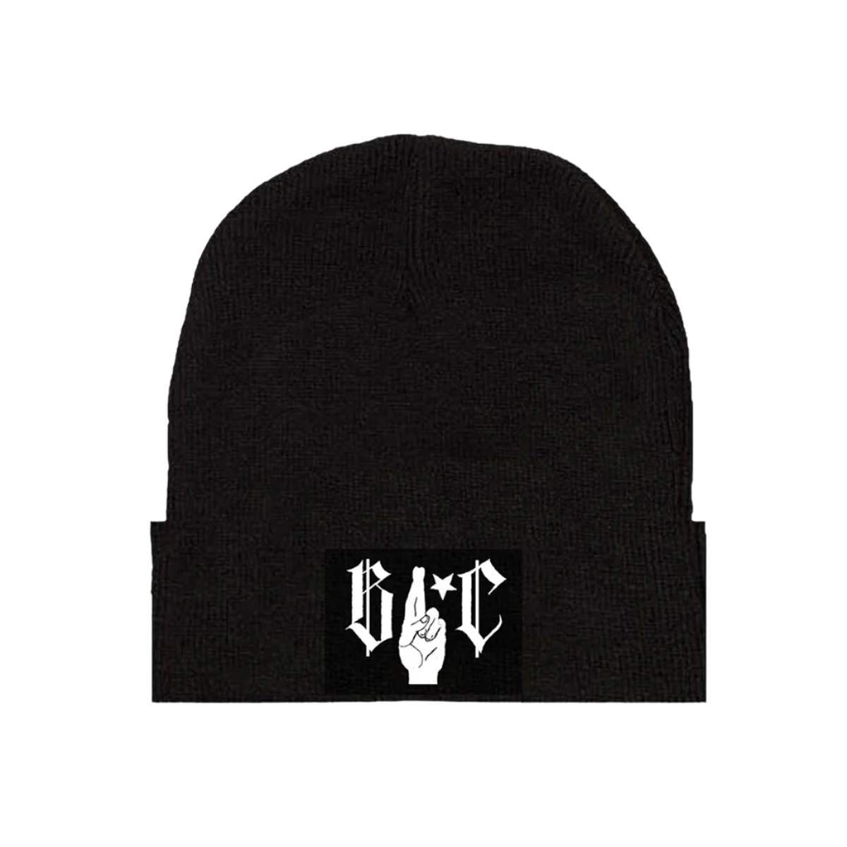 A classic black knit cuffed beanie with a white crossed fingers patch at the front, from Barns Courtney.