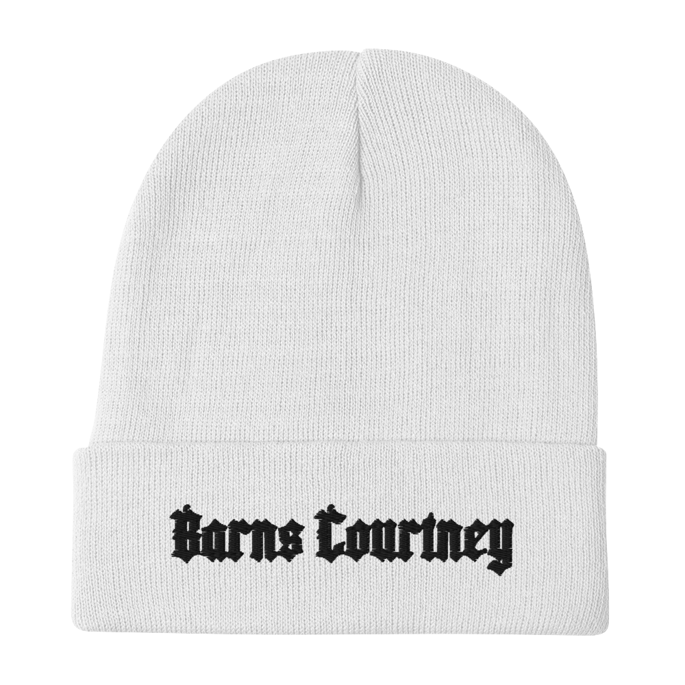 A classic white knit cuffed beanie with black embroidered Barns Courtney logo at the front.