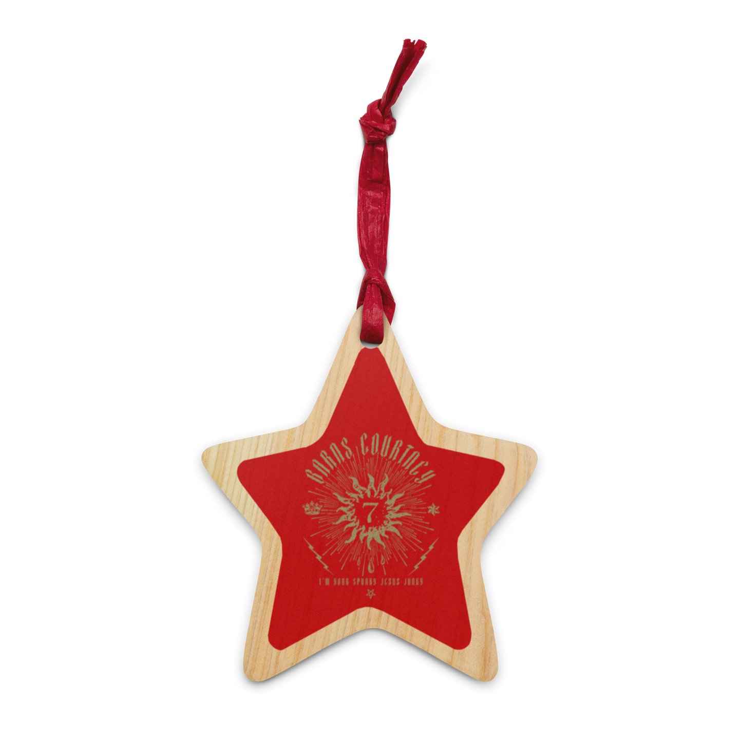 A red wooden star holiday ornament with Barns Courtney lyrics and logo.