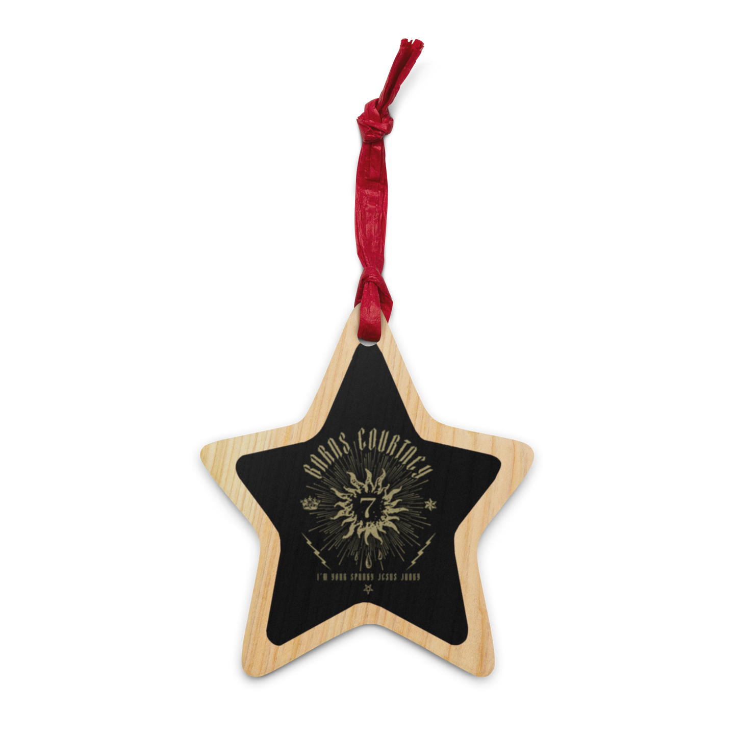 A black wooden star holiday ornament with Barns Courtney lyrics and logo.