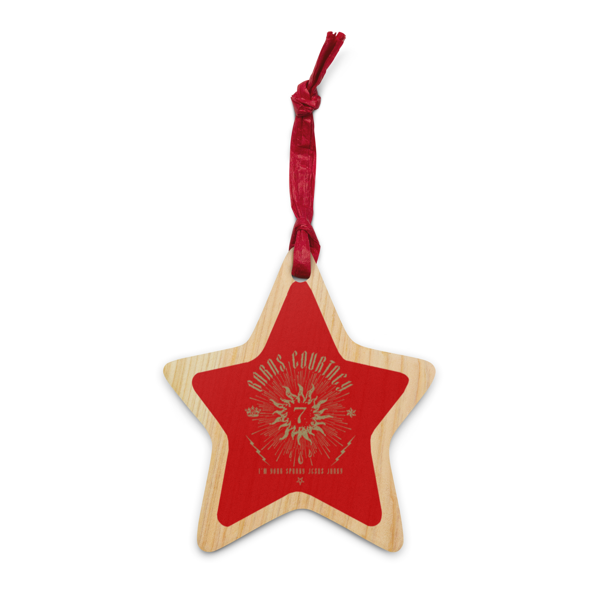 A red wooden star holiday ornament with Barns Courtney lyrics and logo. 