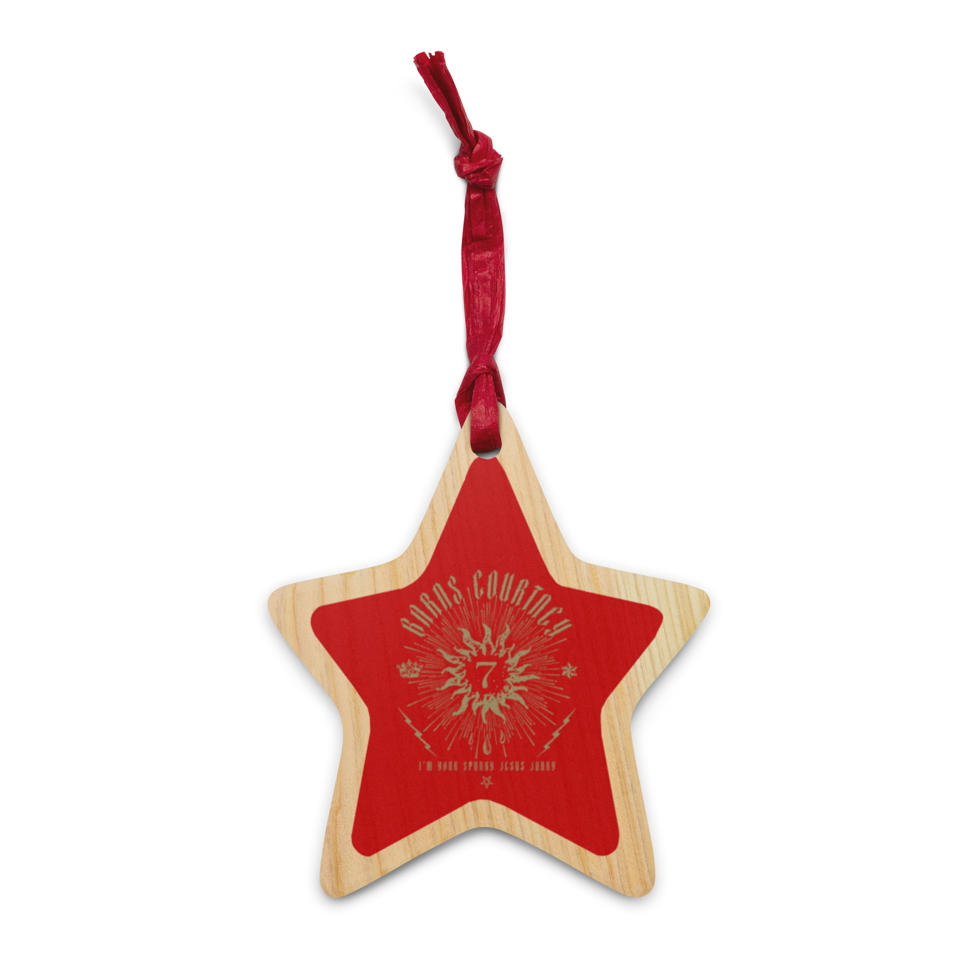 A red wooden star holiday ornament with Barns Courtney lyrics and logo. 